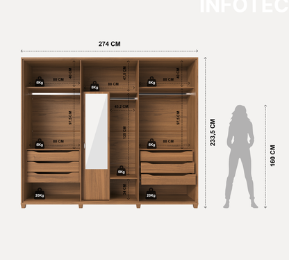 Guarda-Roupa Casal 6 Portas 6 Gavetas 100% MDF Rockford 274 cm - Canella c/ Off White Fosco