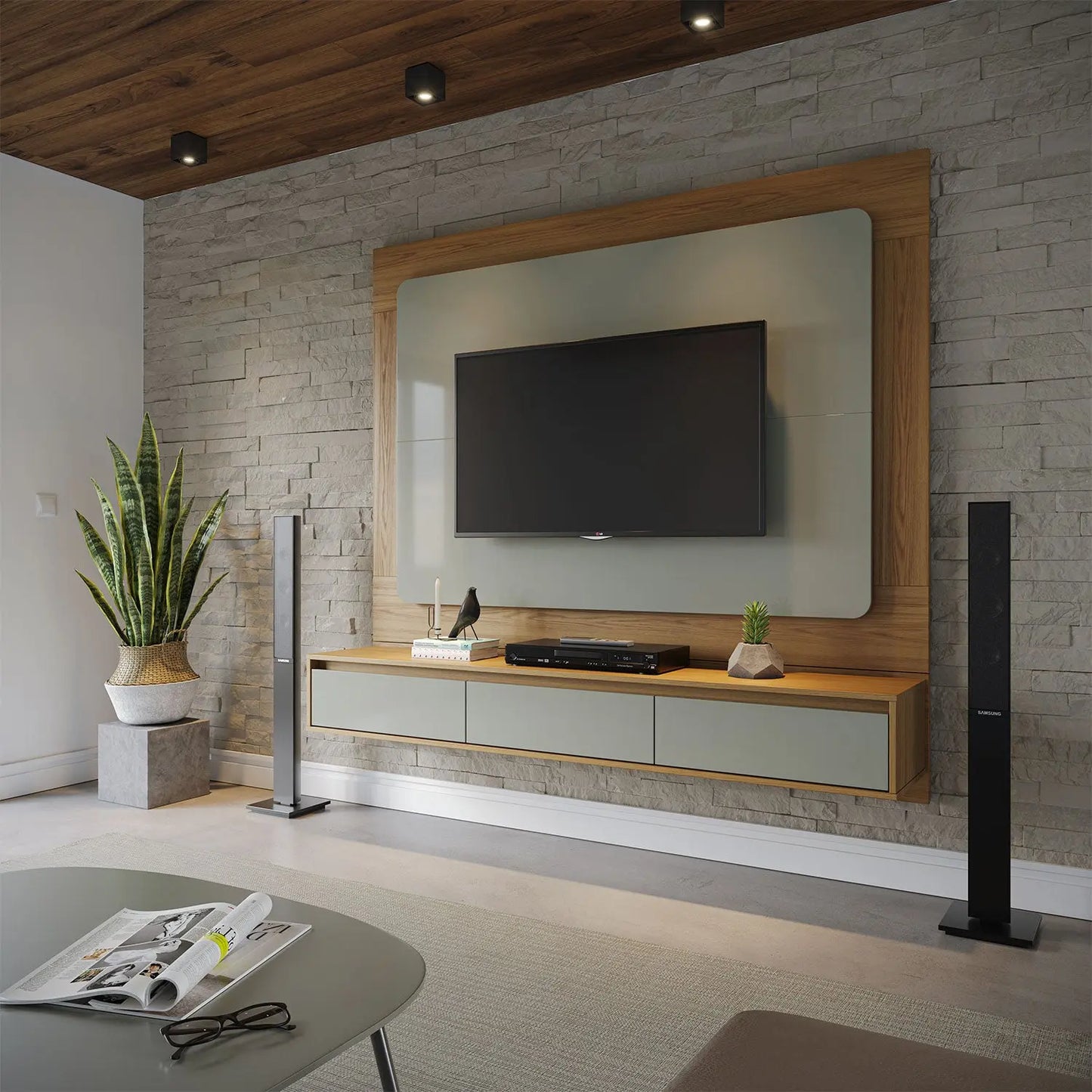 Homedock Home para TV Suspenso Oslo 182 cm - Grigio Gloss c/ Freijó Província