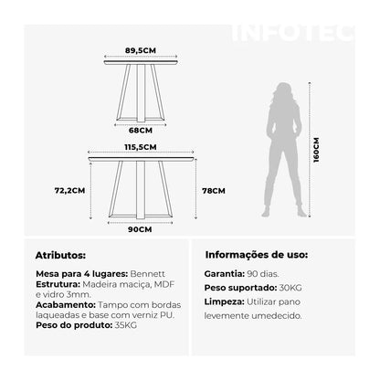 Homedock Mesa de Jantar Bennett c/ Vidro 115 cm - Cinamomo c/ Vidro Off White Moveis