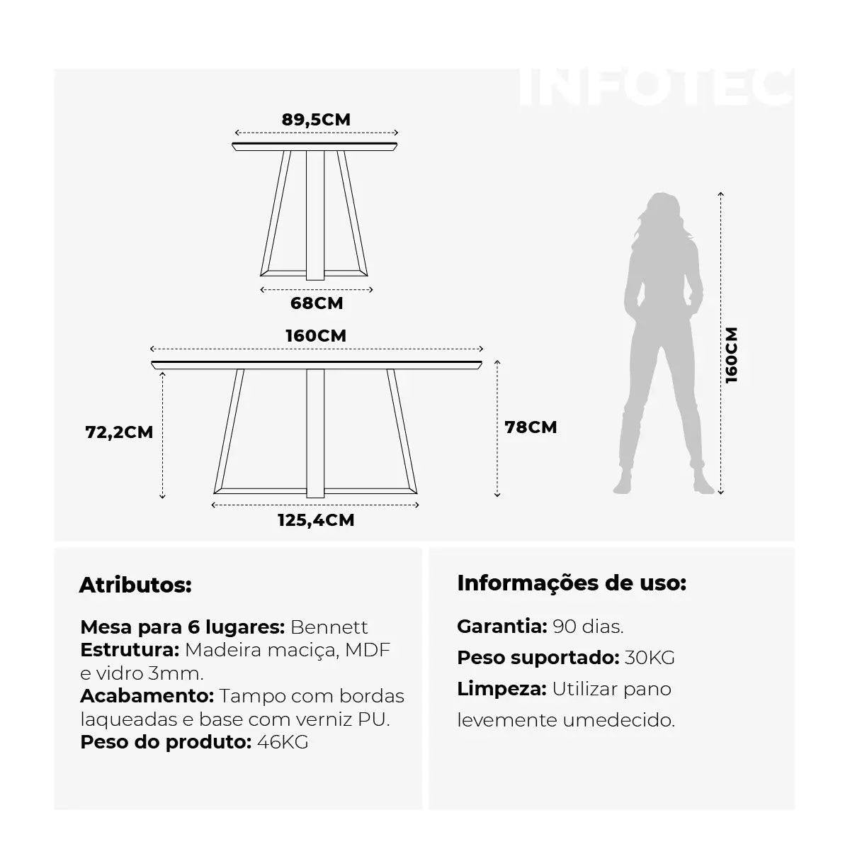 Homedock Mesa de Jantar Bennett c/ Vidro 160 cm - Cinamomo c/ Vidro Off White Moveis