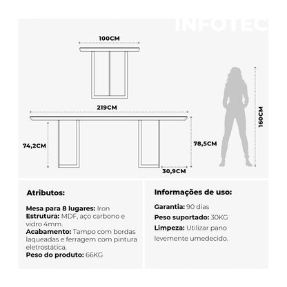 Homedock Mesa de Jantar Iron 219 cm - Preto Fosco c/ Vidro Off White Moveis