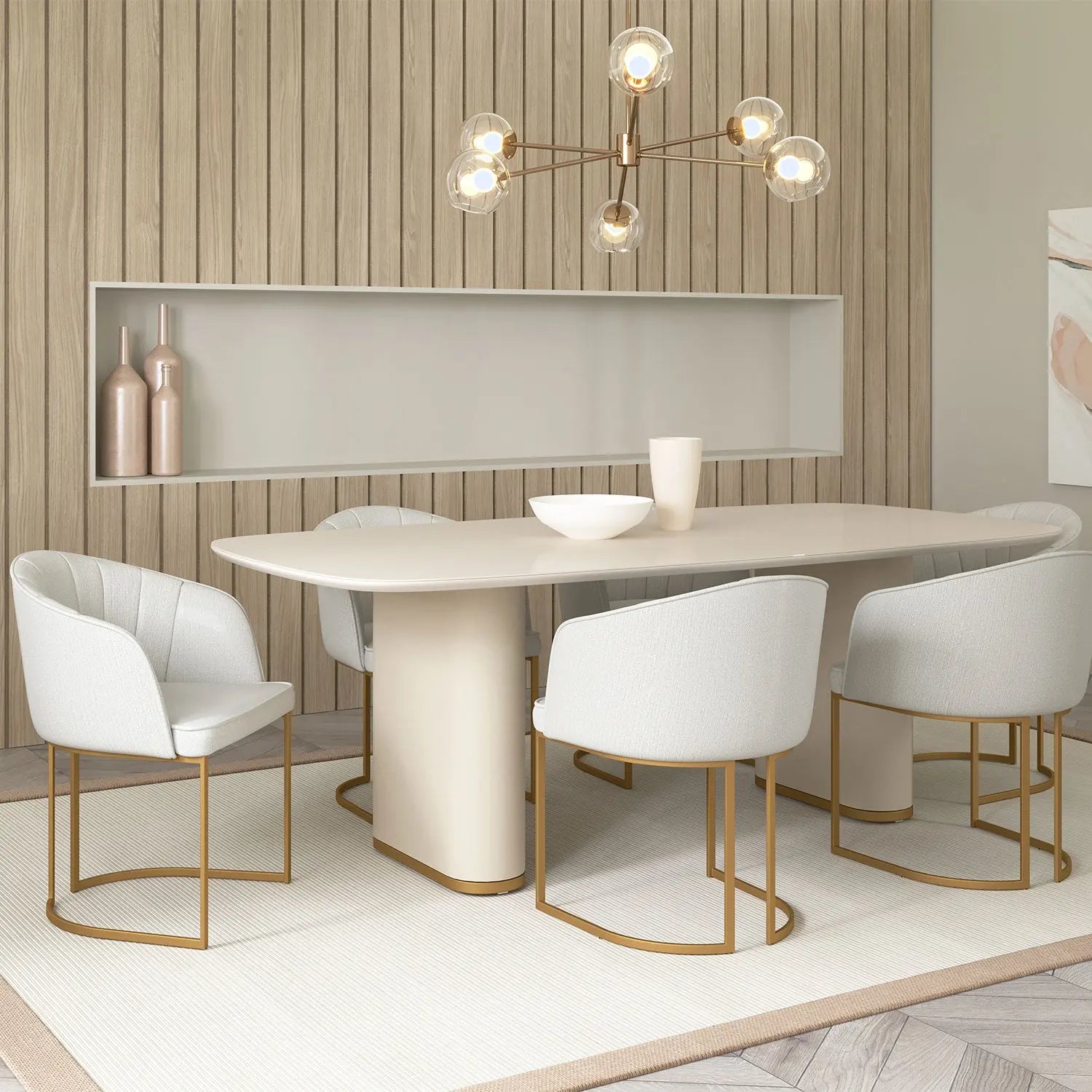 Homedock Mesa de Jantar Lintz com Vidro 219 cm Off White Fosco c/ Dourado Móveis Provincia