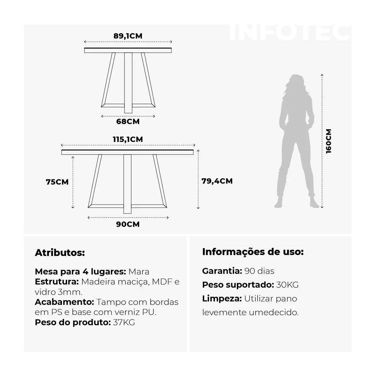 Homedock Mesa de Jantar Mara 115 cm - Cinamomo c/ Vidro Off White Moveis