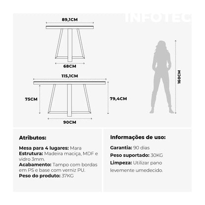 Homedock Mesa de Jantar Mara 115 cm - Cinamomo c/ Vidro Off White Moveis