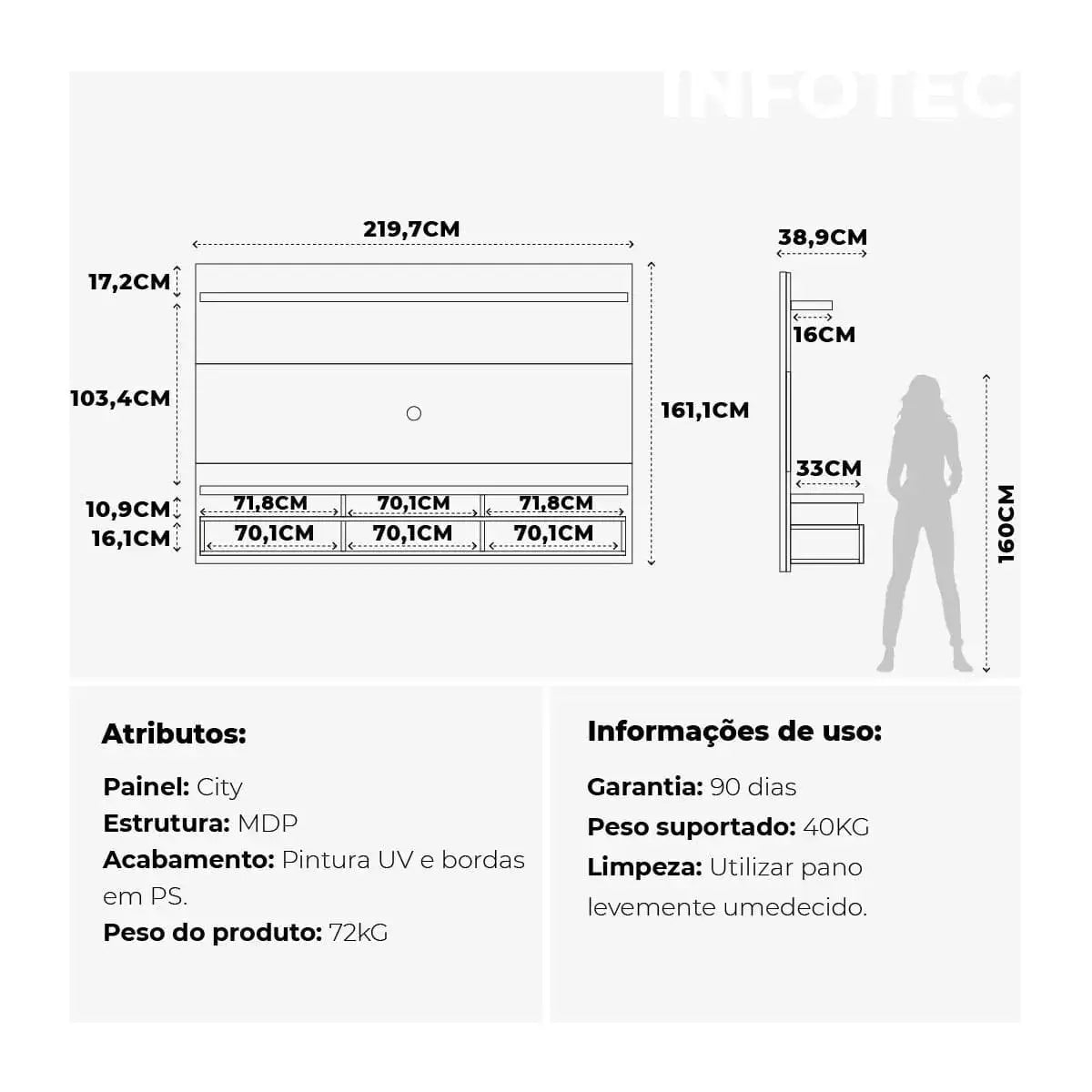 Homedock Painel para TV City 219 cm - Natural c/ Off White Brilho Móveis Provincia