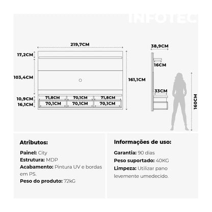 Homedock Painel para TV City 219 cm - Natural c/ Off White Brilho Móveis Provincia