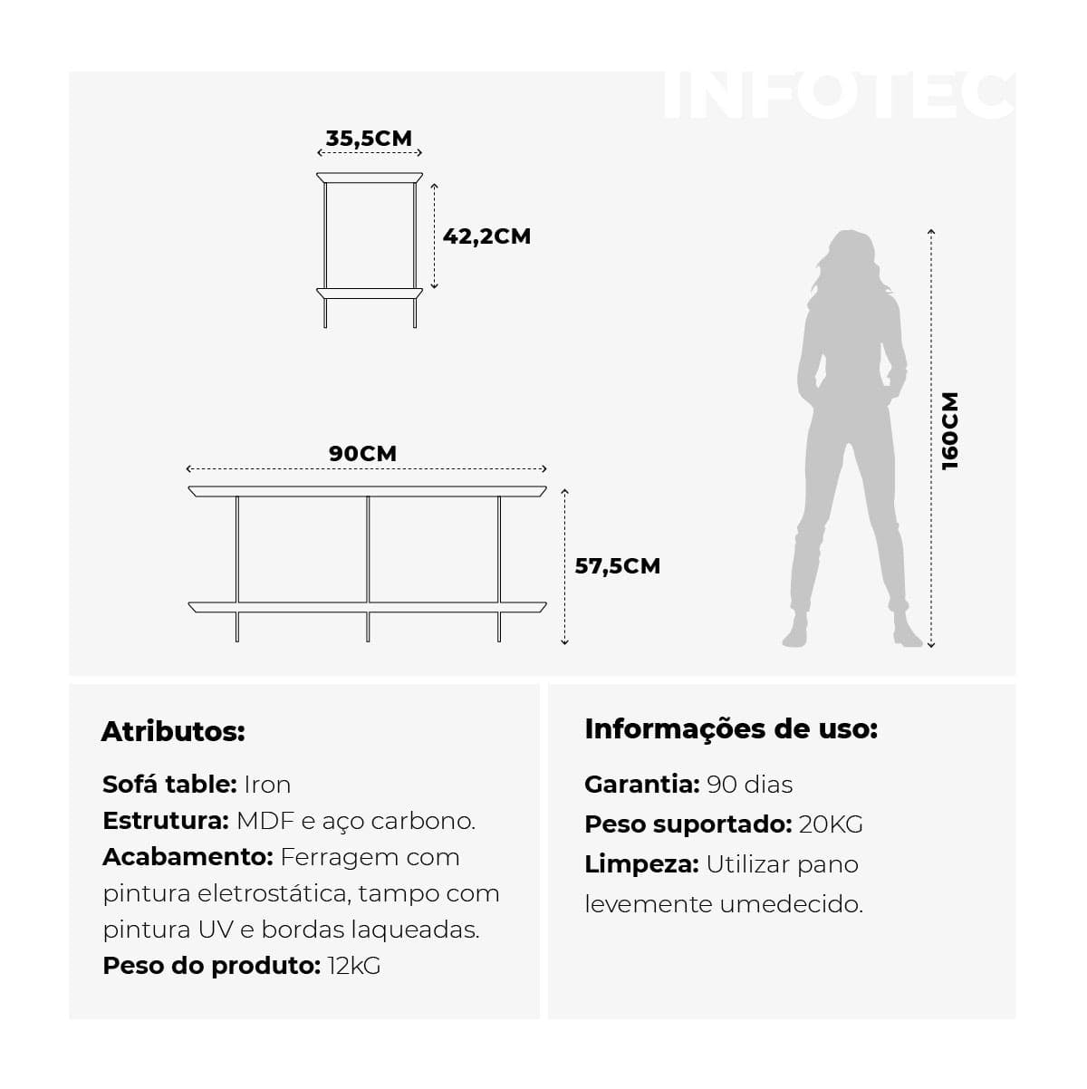 Homedock Sofá Table Iron 90 cm - Preto Fosco Móveis Provincia