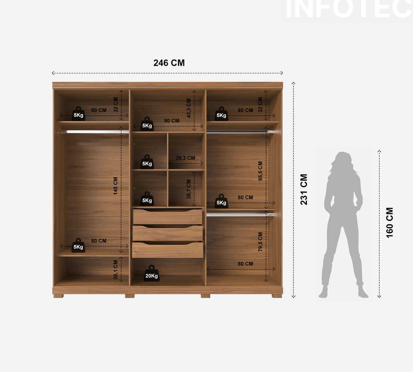 Guarda-Roupa Casal 6 Portas 3 Gavetas 100% MDF Memphis 246 cm - Canella c/ Off White Fosco
