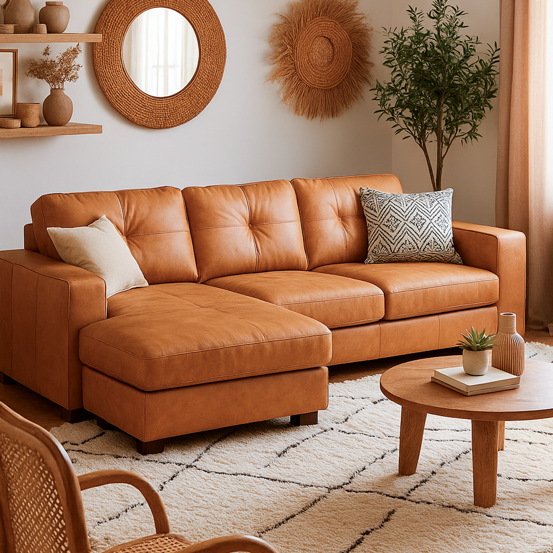 Sofá 5 Lugares com Chaise Lado Esquerdo Avalon 296 cm - Couro Natural Marrom