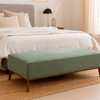 Banco 2 Lugares Madeira Maciça Estofado Los 160 cm - Natural c/ Veludo Texturizado Verde Oliva