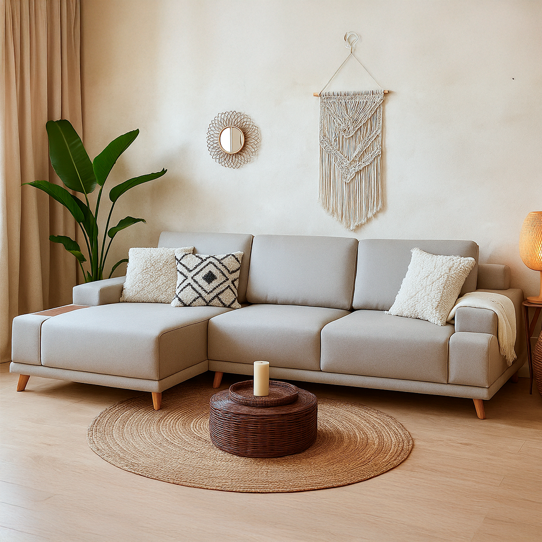 Sofá 5 Lugares com Chaise Lado Esquerdo Ripado Monte Carlo 295 cm - Linho Texturizado Off White c/ Natural