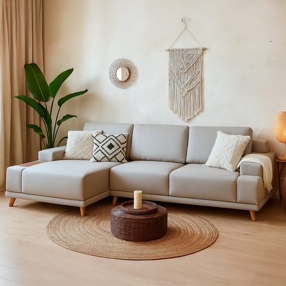 Sofá 5 Lugares com Chaise Lado Esquerdo Ripado Monte Carlo 295 cm - Linho Texturizado Off White c/ Natural
