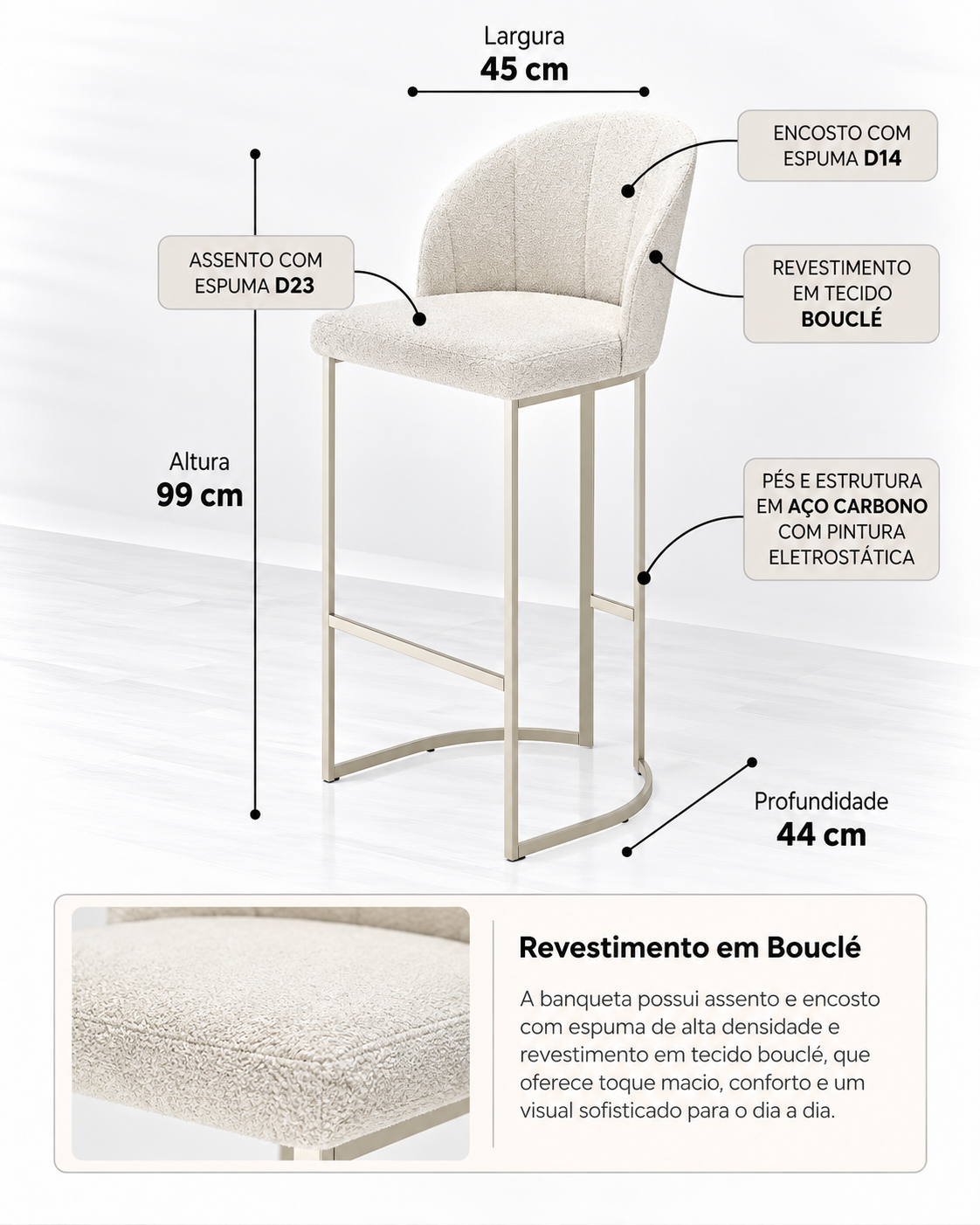 Banqueta Alta de Aço Estofada com Braços Beverly - Champanhe c/ Bouclé Off White