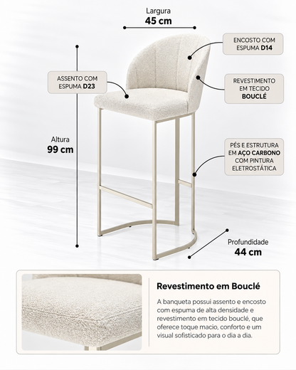 Banqueta Alta de Aço Estofada com Braços Beverly - Champanhe c/ Bouclé Off White