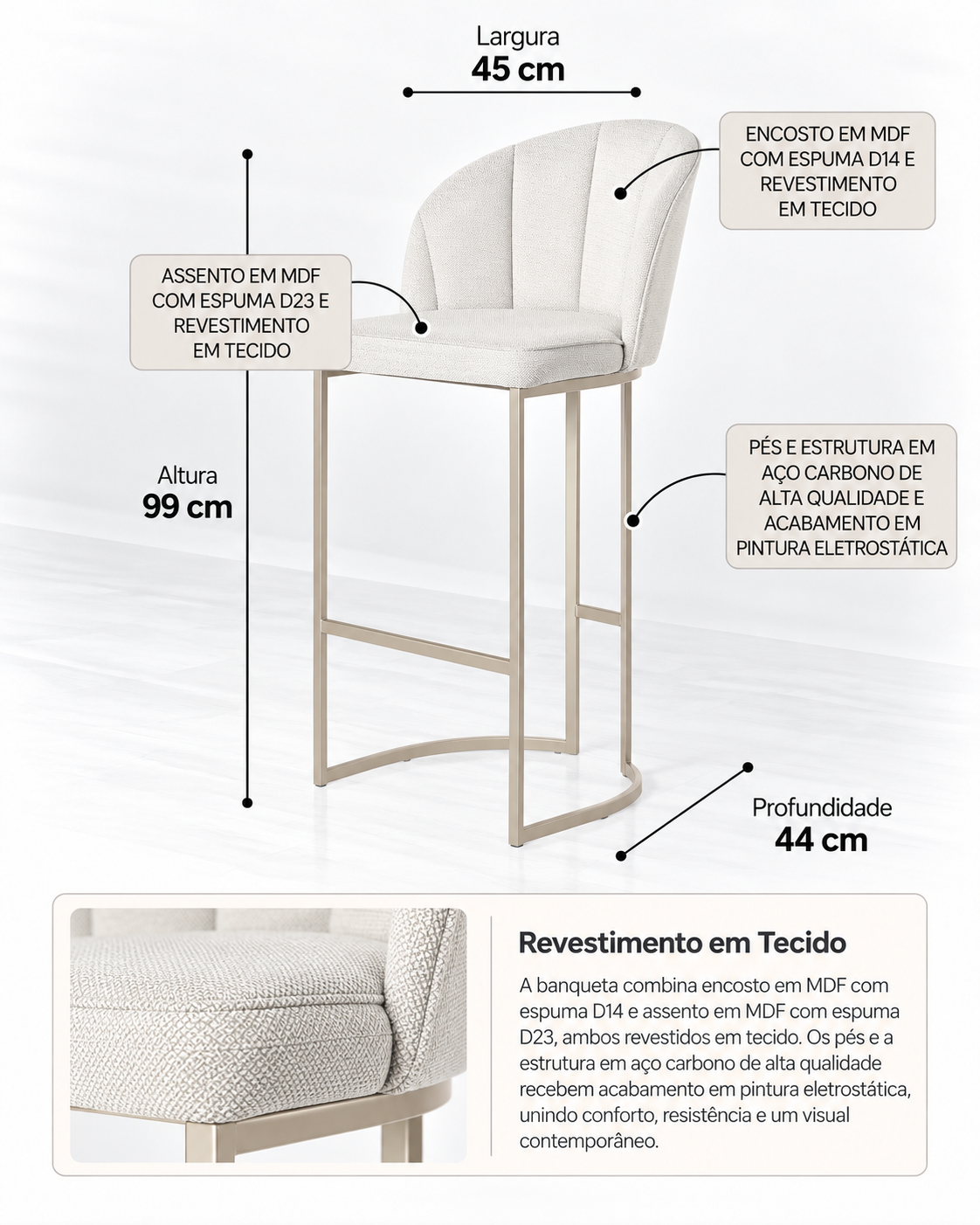 Banqueta Alta de Aço Estofada com Braços Beverly - Champanhe c/ Linho Mescla Cru