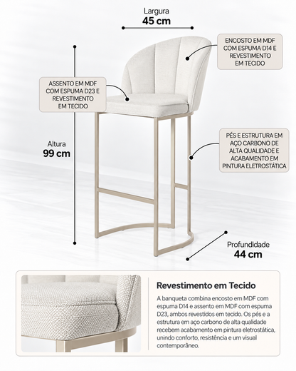 Banqueta Alta de Aço Estofada com Braços Beverly - Champanhe c/ Linho Mescla Cru