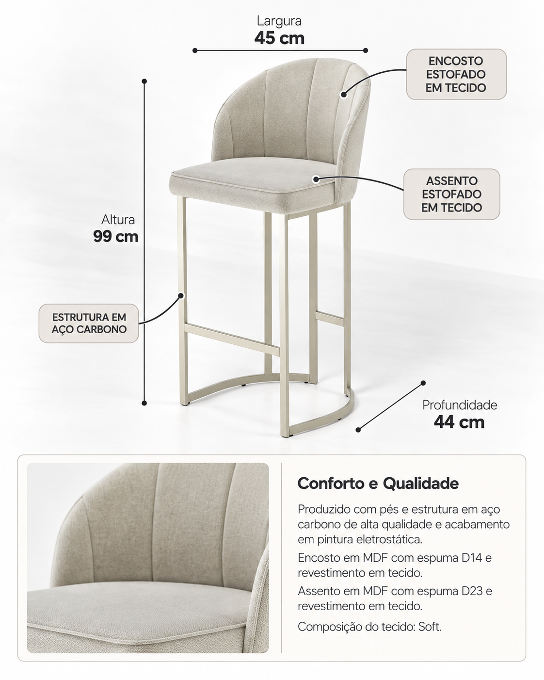 Banqueta Alta de Aço Estofada com Braços Beverly - Champanhe c/ Soft Palha