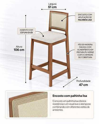 Banqueta Marla - Linho Off White c/ Madeira Natural