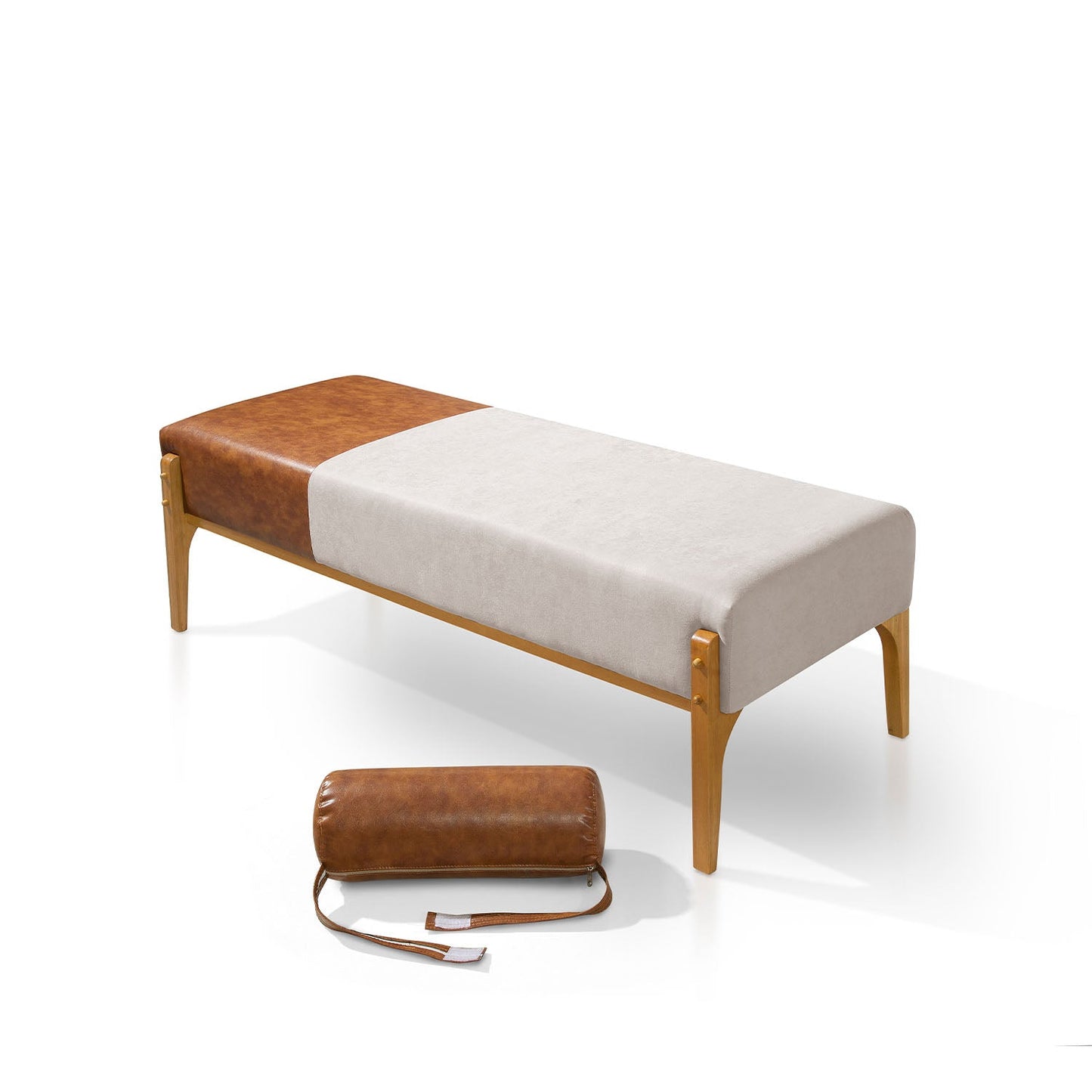 Homedock Recamier Madeira Maciça Estofado com Almofada Delano 150 cm - Mel c/ Linho Fendi - PU Caramelo Styllus