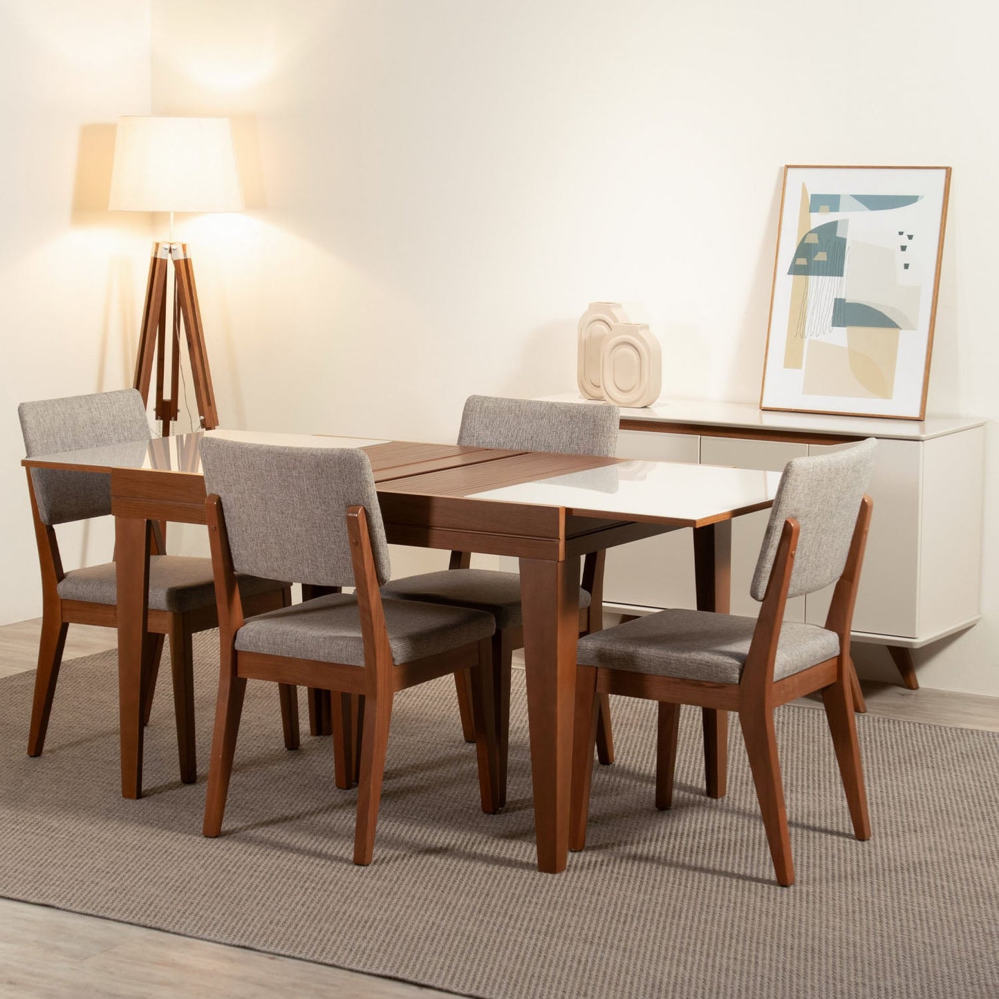 Homedock Conjunto de Jantar Mesa com Vidro Extensível Smart 4 Cadeiras Ella - Natural c/ Mescla Cinza Móveis Província