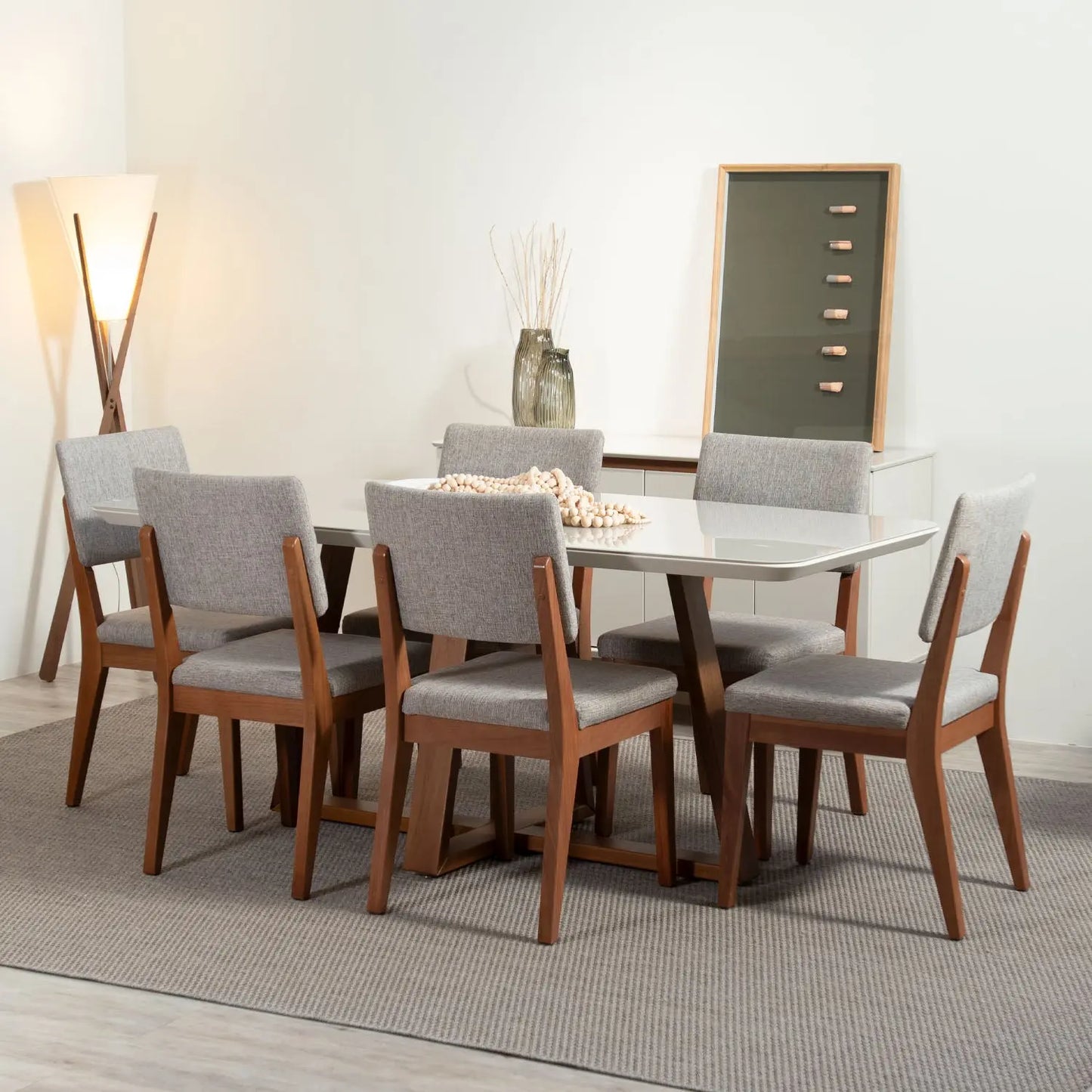 Homedock Conjunto de Jantar Mesa com Vidro Bennett 6 Cadeiras Ella - Natural c/ Mescla Cinza Móveis Província