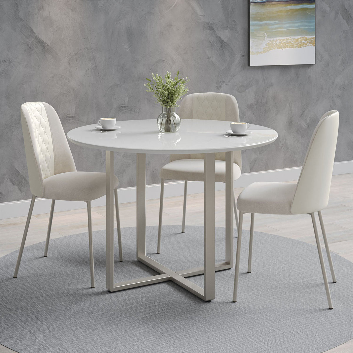 Homedock Mesa de Jantar Redonda com Vidro para 4 Lugares Arcádia 108 cm - Champanhe c/ Off White Fosco Móveis Província