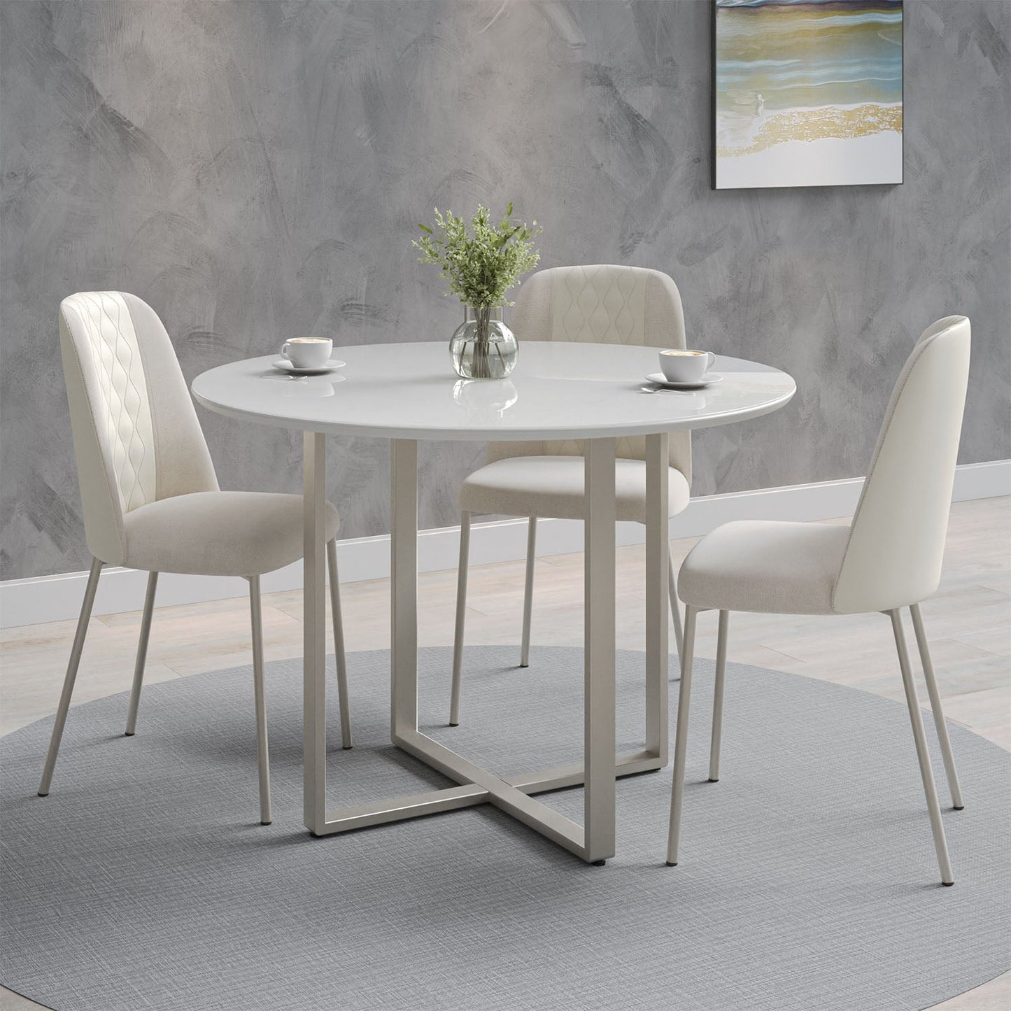 Homedock Mesa de Jantar Redonda com Vidro para 4 Lugares Arcádia 108 cm - Champanhe c/ Off White Fosco Móveis Província