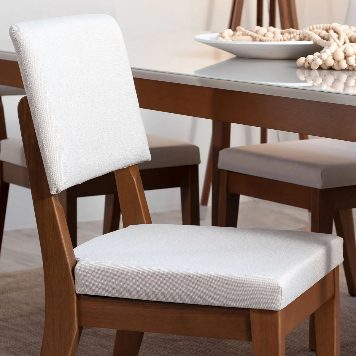 Homedock Conjunto de Jantar Mesa com Vidro Bennett 4 Cadeiras Ella - Natural c/ Off White Móveis Província