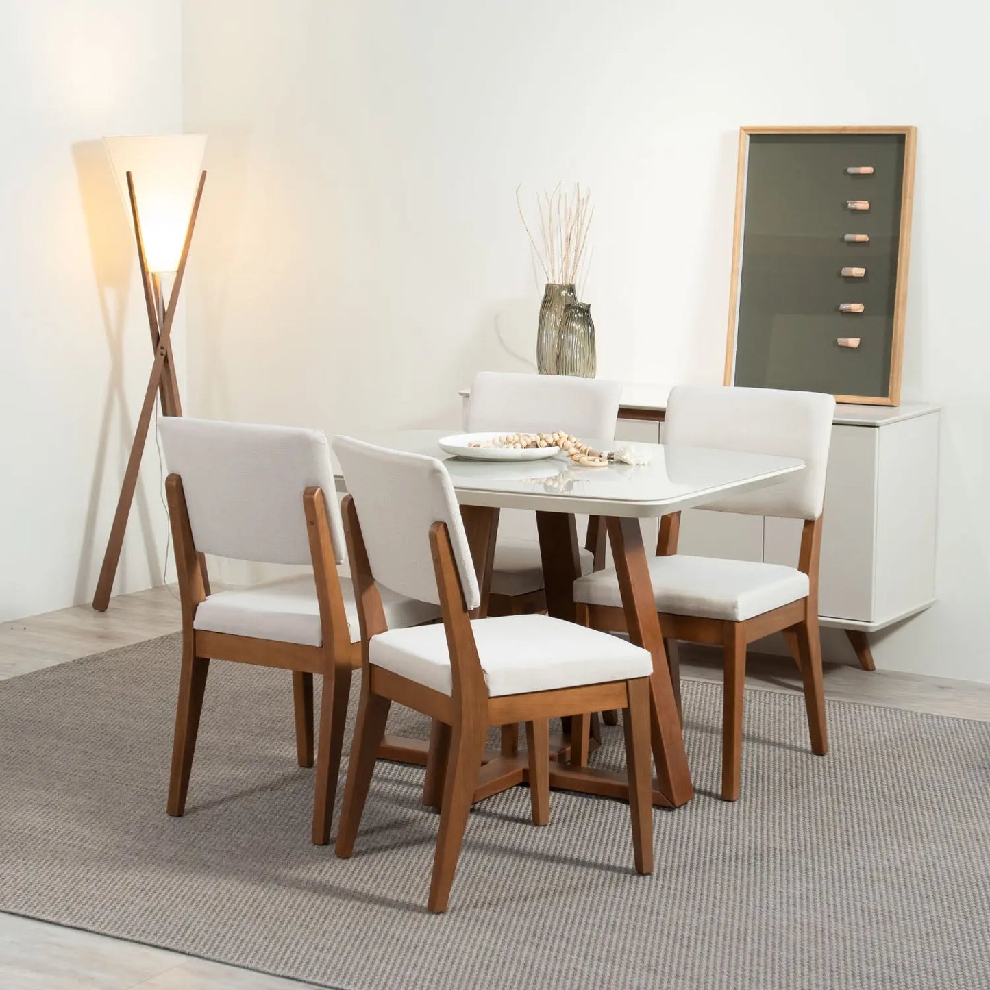 Homedock Conjunto de Jantar Mesa com Vidro Bennett 4 Cadeiras Ella - Natural c/ Off White Móveis Província