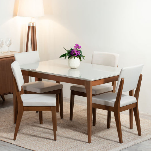Homedock Conjunto de Jantar Mesa com Vidro 4 Cadeiras Ella - Natural c/ Off White Móveis Província