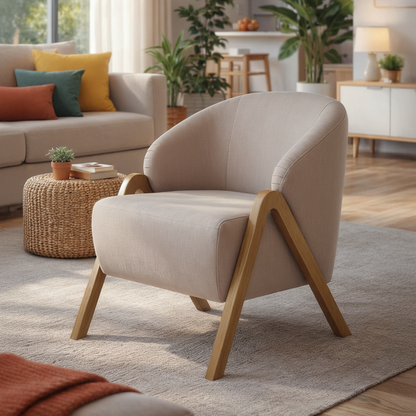 Poltrona Madeira Maciça Estofada Estela - Freijó c/ Linho Off White