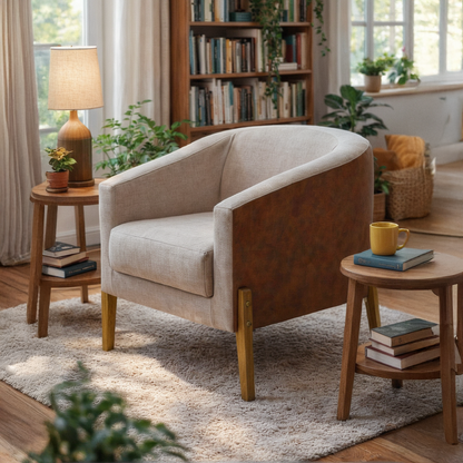 Poltrona Laura - Linho Taupe c/ PU Caramelo