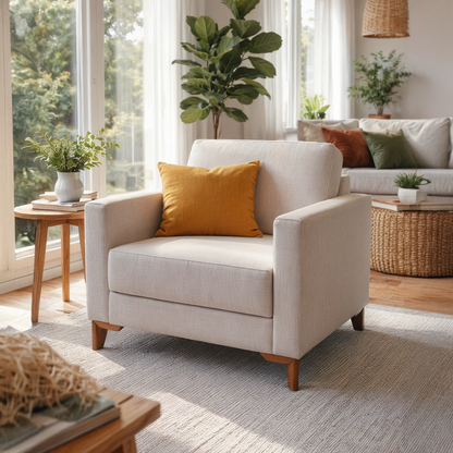 Poltrona Madeira Maciça Estofada Madrid - Linho Texturizado Bege c/ Natural