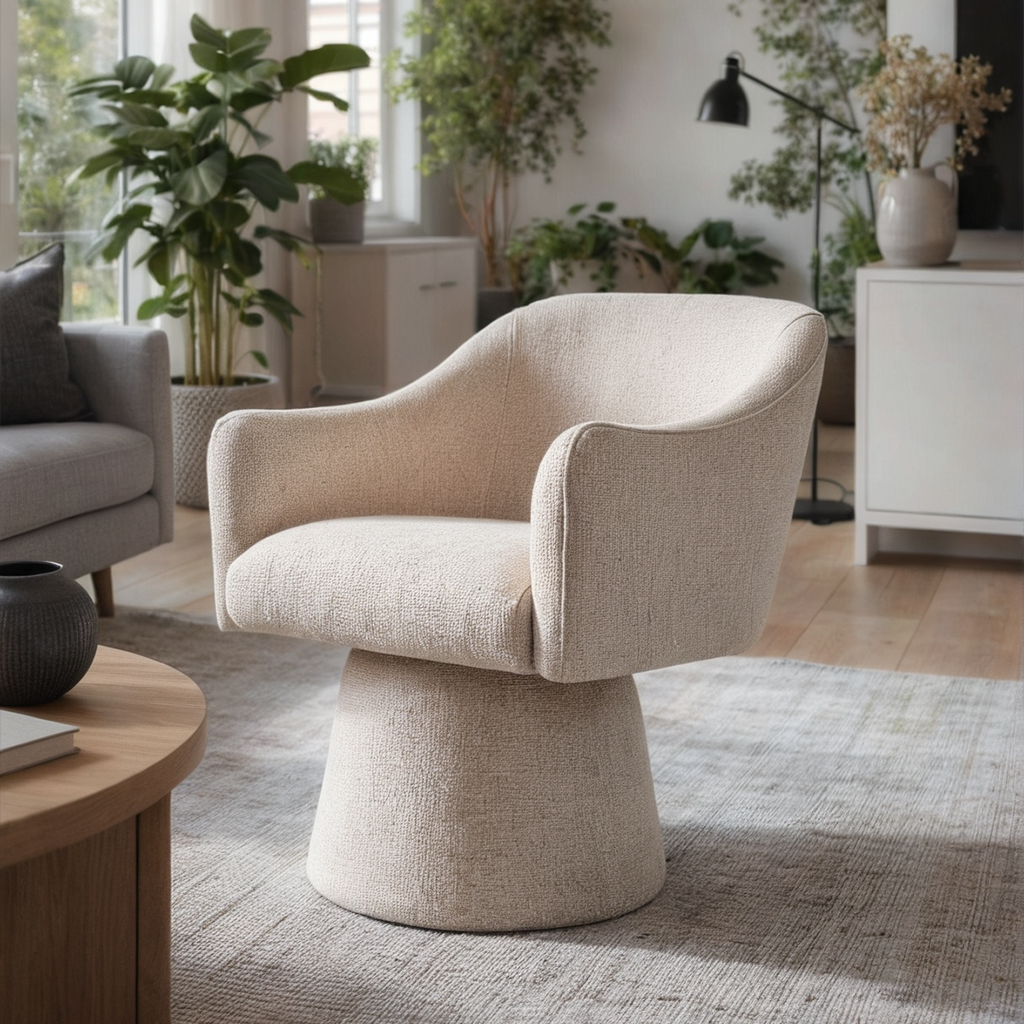 Poltrona Giratória Estofada Phylo - Linho Texturizado Off White