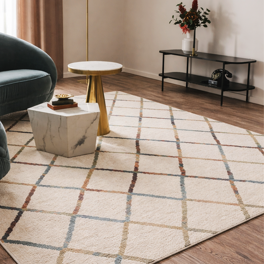 Tapete Egípcio para Sala e Quarto Baran 240 x 300 cm - Abstrato Off White c/ Verde - Azul