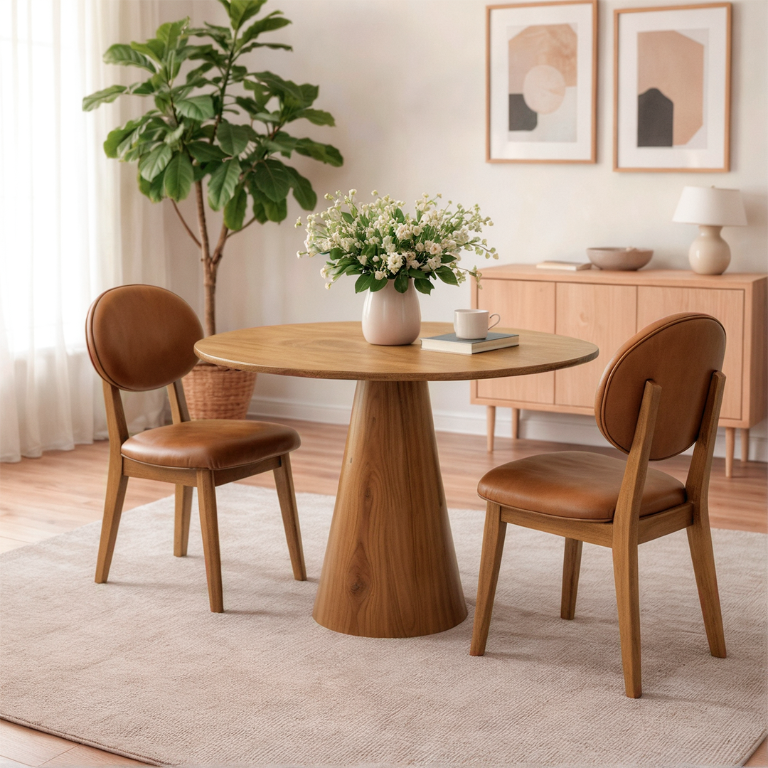 Cadeira de Madeira Maciça Estofada Mila - Freijó c/ PU Caramelo