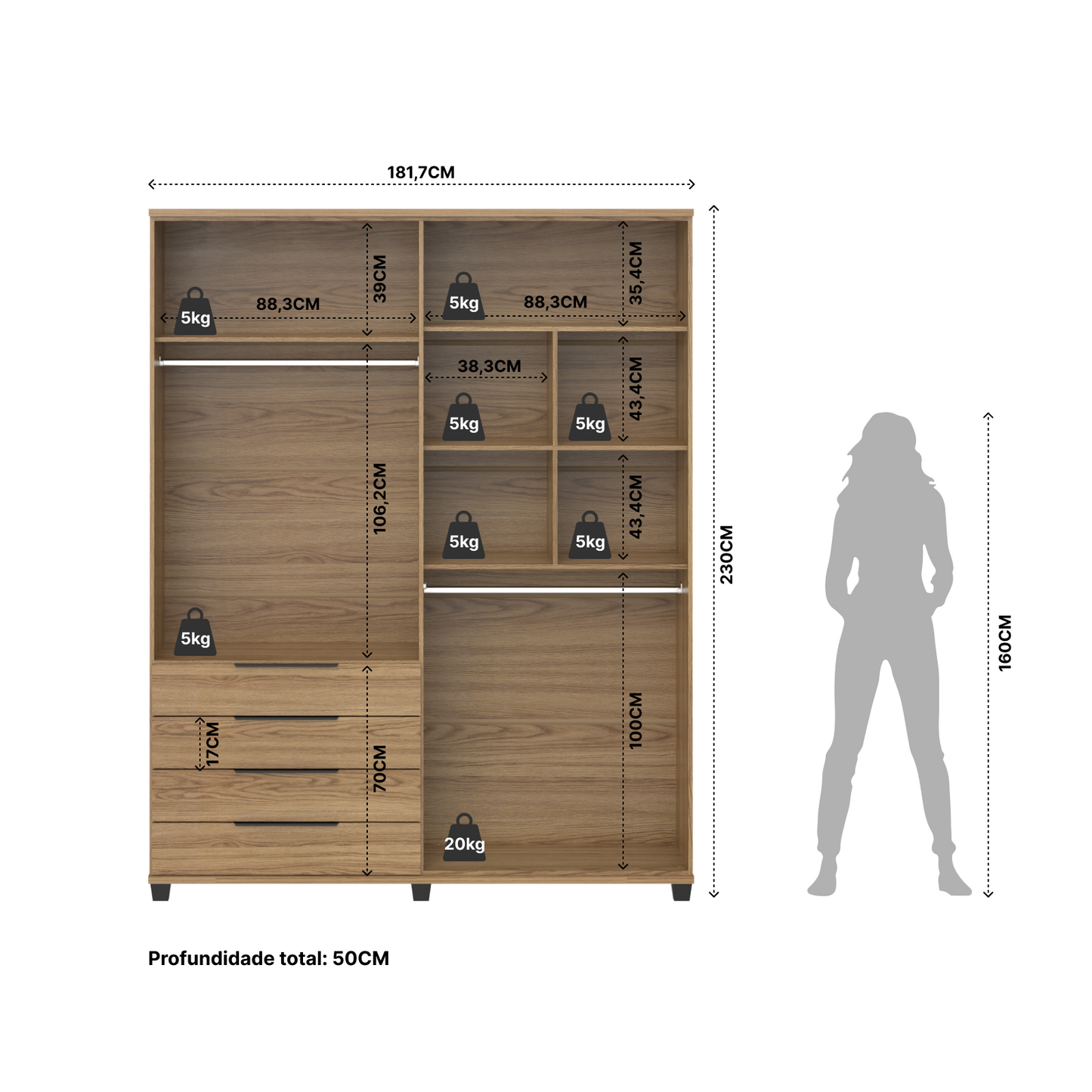 Homedock Guarda-Roupa Casal 4 Portas 4 Gavetas 100% MDF Allen 181 cm - Freijó c/ Preto Fosco Móveis Província