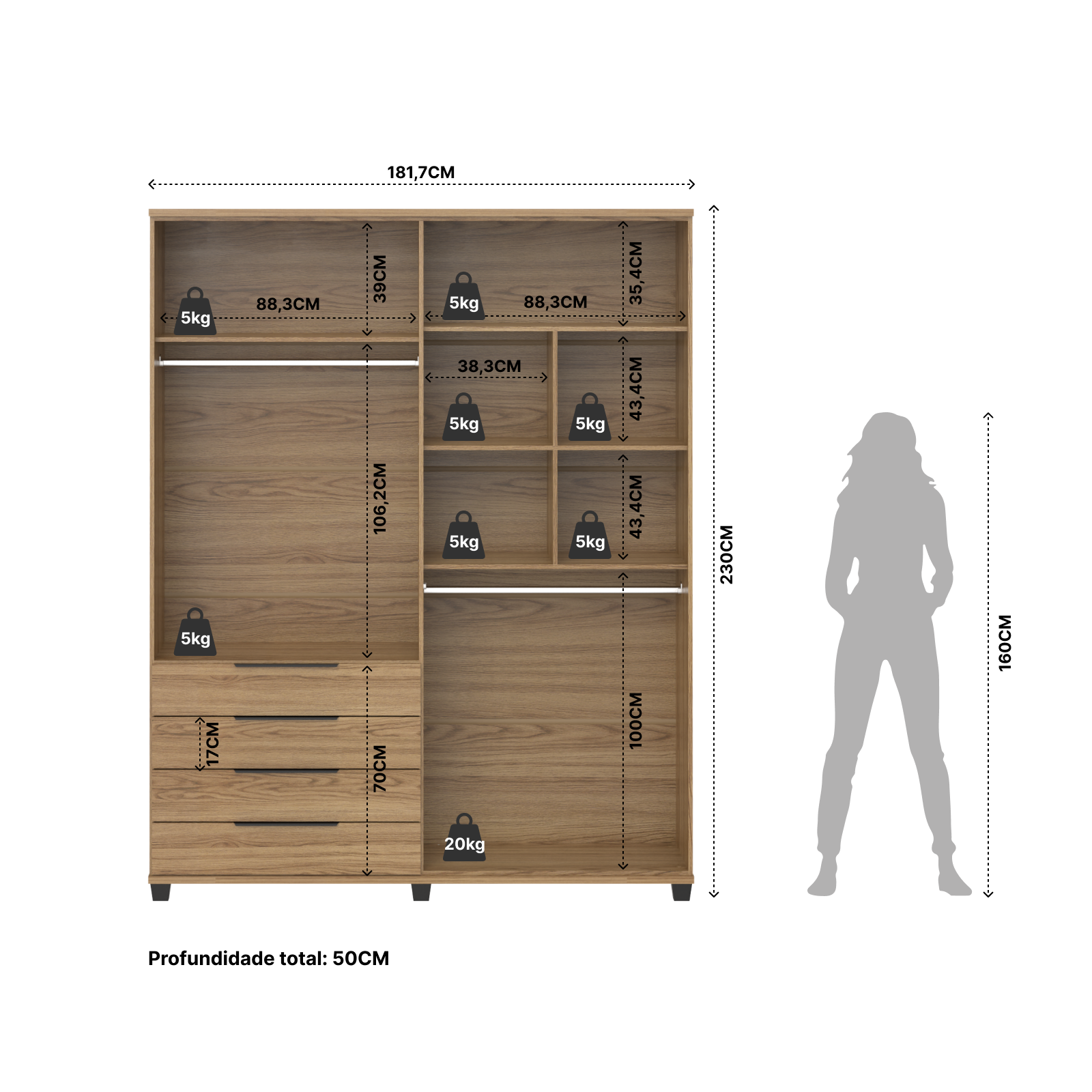 Homedock Guarda-Roupa Casal 4 Portas 4 Gavetas 100% MDF Allen 181 cm - Freijó c/ Preto Fosco Móveis Província