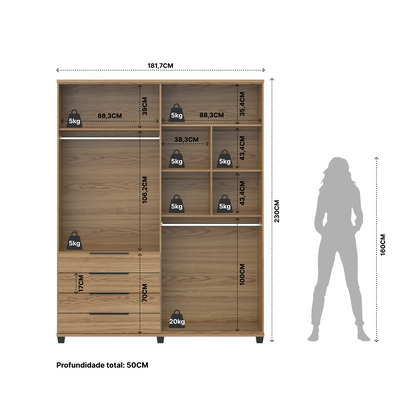 Homedock Guarda-Roupa Casal 4 Portas 4 Gavetas 100% MDF Allen 181 cm - Freijó c/ Preto Fosco Móveis Província