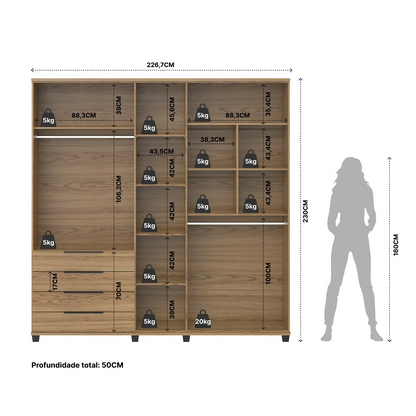 Homedock Guarda-Roupa Casal 5 Portas 4 Gavetas 100% MDF Allen 226 cm - Freijó c/ Preto Fosco Móveis Província