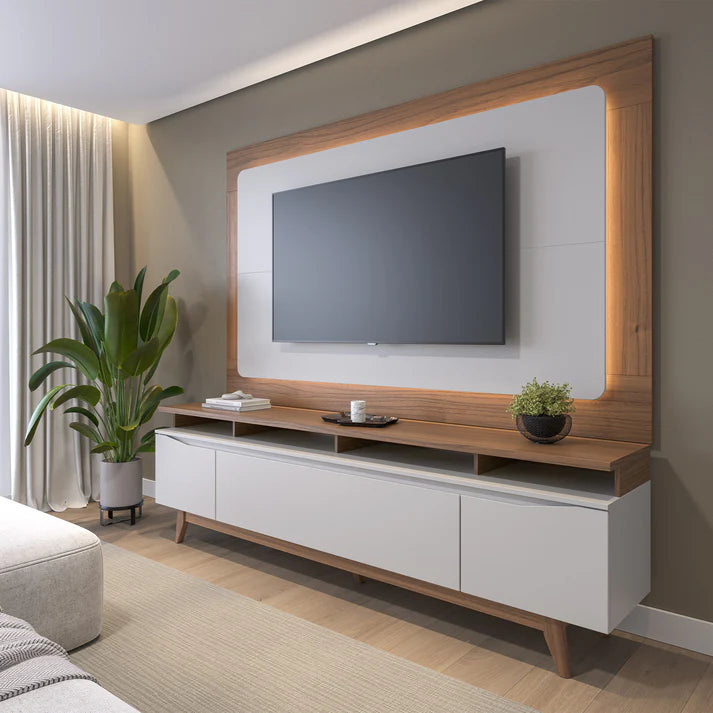 Conjunto Sala de Estar Completo Rack para TV até 75” Flynt com Painel Oslo - Sofá 3 Lugares Madrid - Mesa de Centro Elia