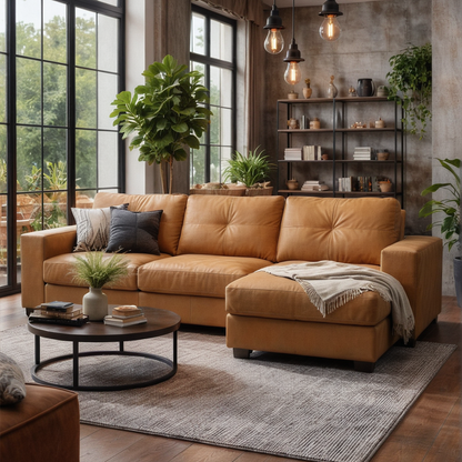 Sofá 5 Lugares com Chaise Lado Direito Avalon 296 cm - Couro Natural Marrom