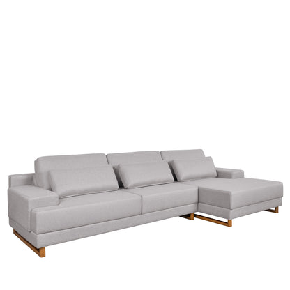 Sofá 6 Lugares com Chaise Lado Direito Mônaco 330 cm - Linho Texturizado Cinza c/ Natural