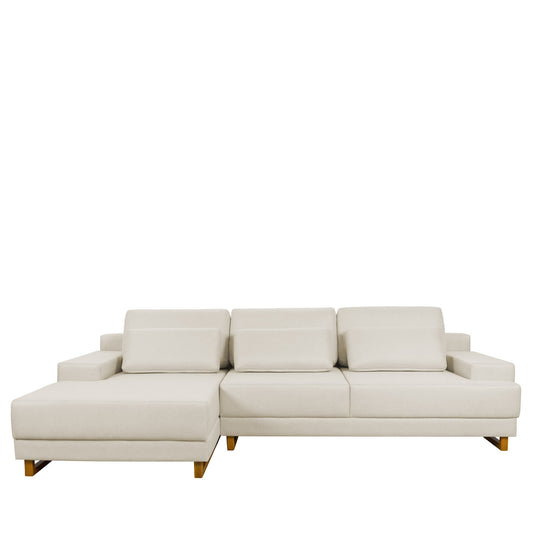 Sofá 6 Lugares com Chaise Lado Esquerdo Mônaco 330 cm - Linho Texturizado Bege c/ Natural