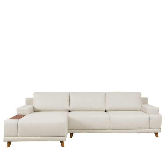 Sofá 5 Lugares com Chaise Lado Esquerdo Ripado Monte Carlo 295 cm - Linho Texturizado Off White c/ Natural