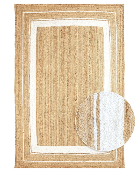 Tapete Artesanal Indiano para Sala e Quarto Anjali 250 x 300 cm - Juta Natural c/ Off White