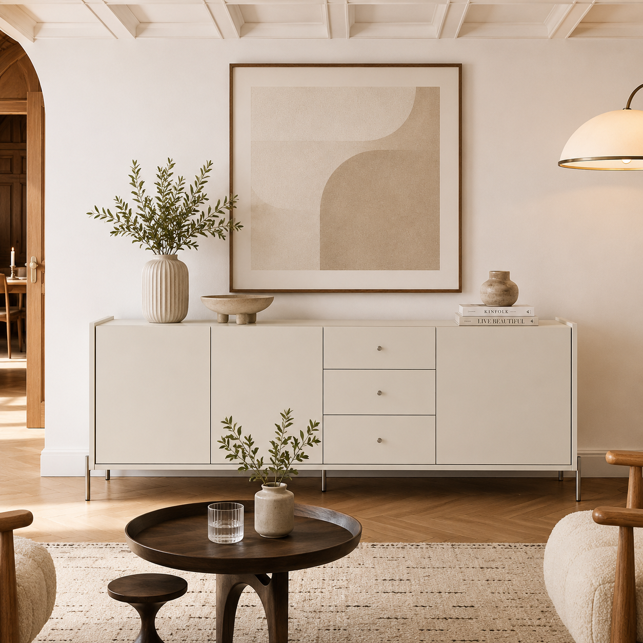 Buffet 3 Portas 3 Gavetas Jasper 184 cm - Off White c/ Champanhe