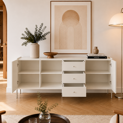 Buffet 3 Portas 3 Gavetas Jasper 184 cm - Off White c/ Champanhe