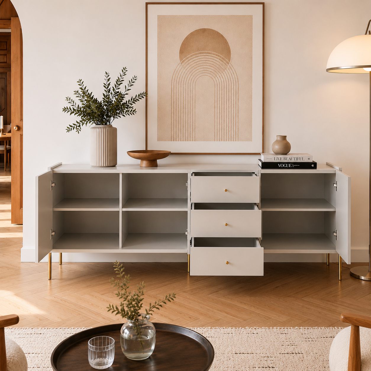Buffet 3 Portas 3 Gavetas Jasper 184 cm - Off White c/ Dourado