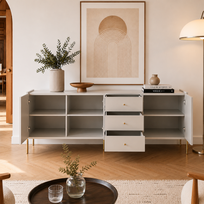 Buffet 3 Portas 3 Gavetas Jasper 184 cm - Off White c/ Dourado